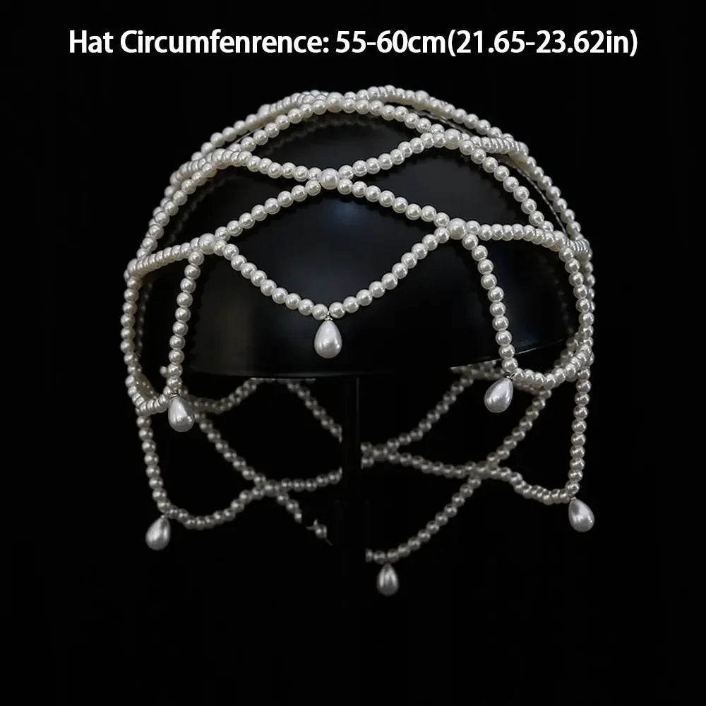 Handmade Pearl Beaded Bridal Hat | Mesh Tassel Wedding Headpiece Bridal Hat QXL