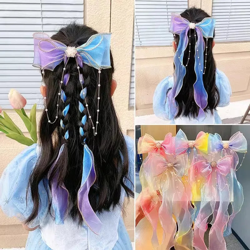 Mesh Bow Hair Clips for Girls – Faux Pearl Tassel Decoration Kids Hair Clip QXL