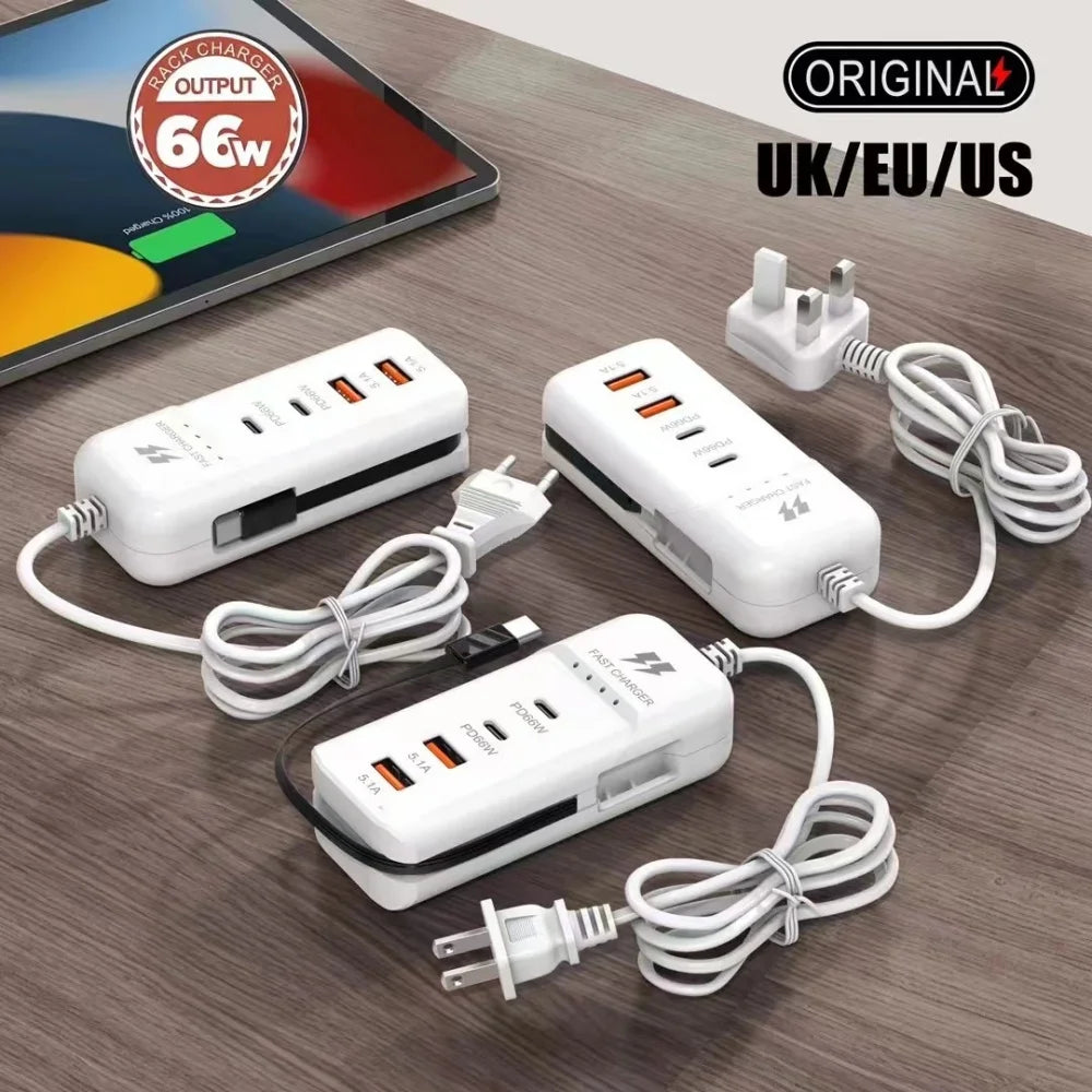 66W 4-Port USB-C Fast Charger | EU US UK Plug Wall Adapter USB-C Wall Charger QXL