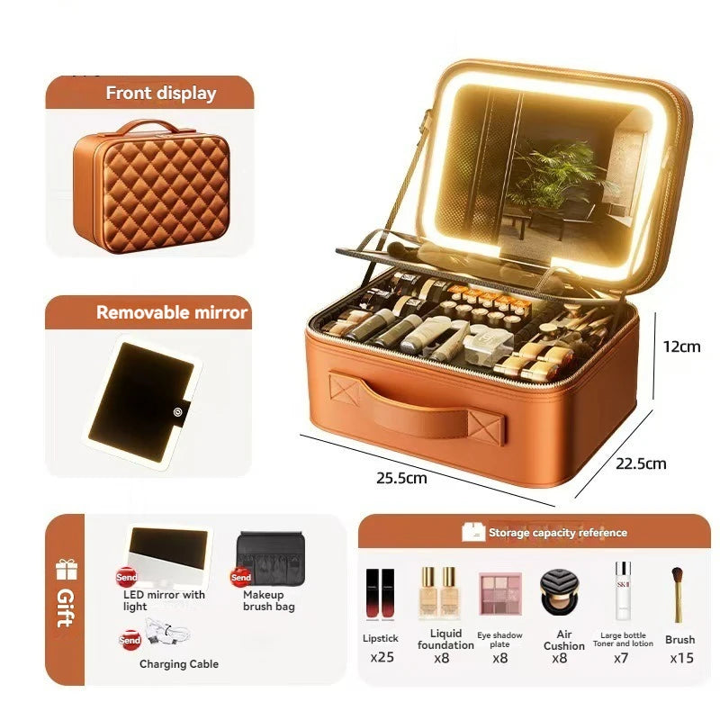 LED Mirror Makeup Train Case | Large Cosmetic Organizer Bag Makeup Train Case QXL Orange L