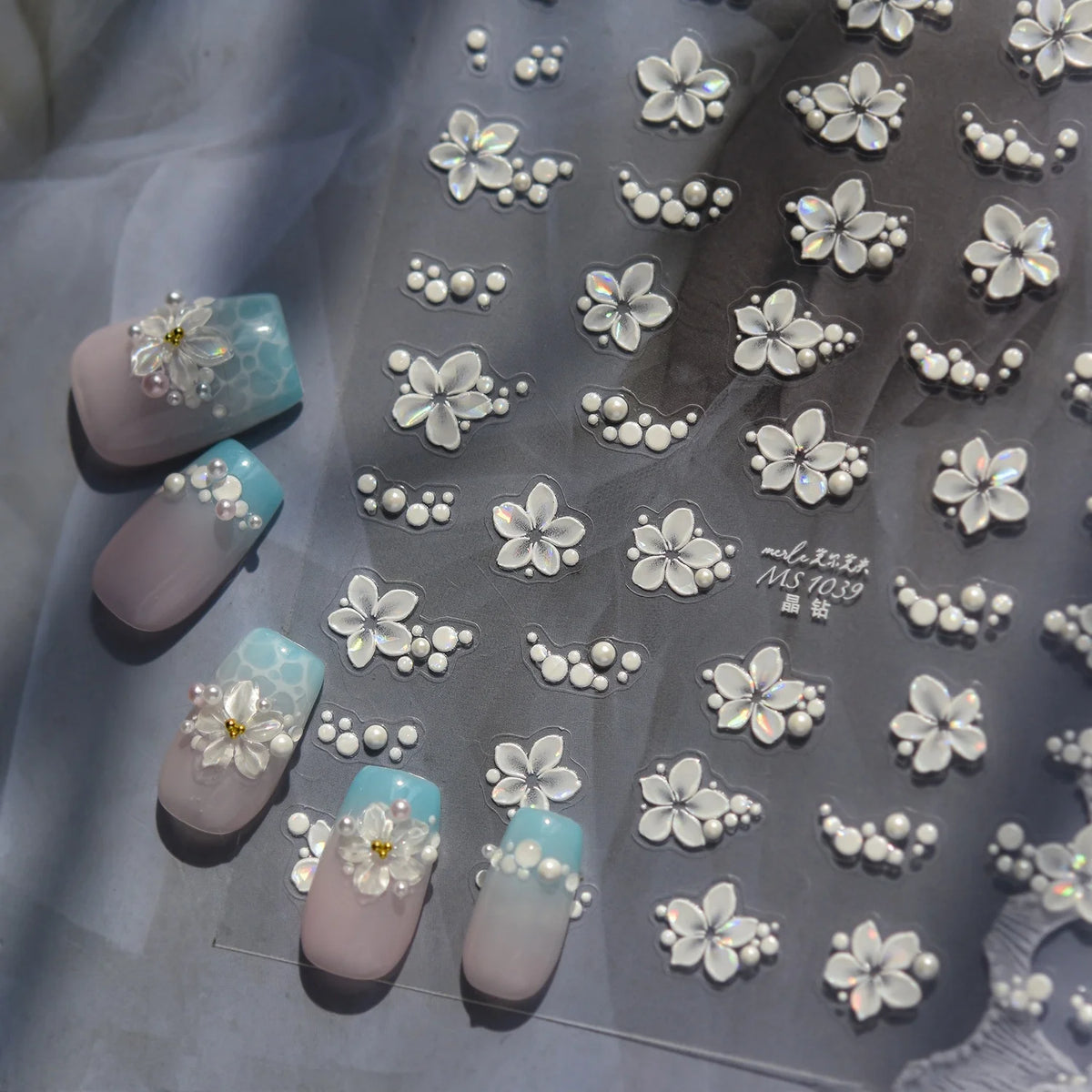 5D Pearlescent Floral Nail Stickers | Iridescent Self-Adhesive Nail Art Stickers QXL