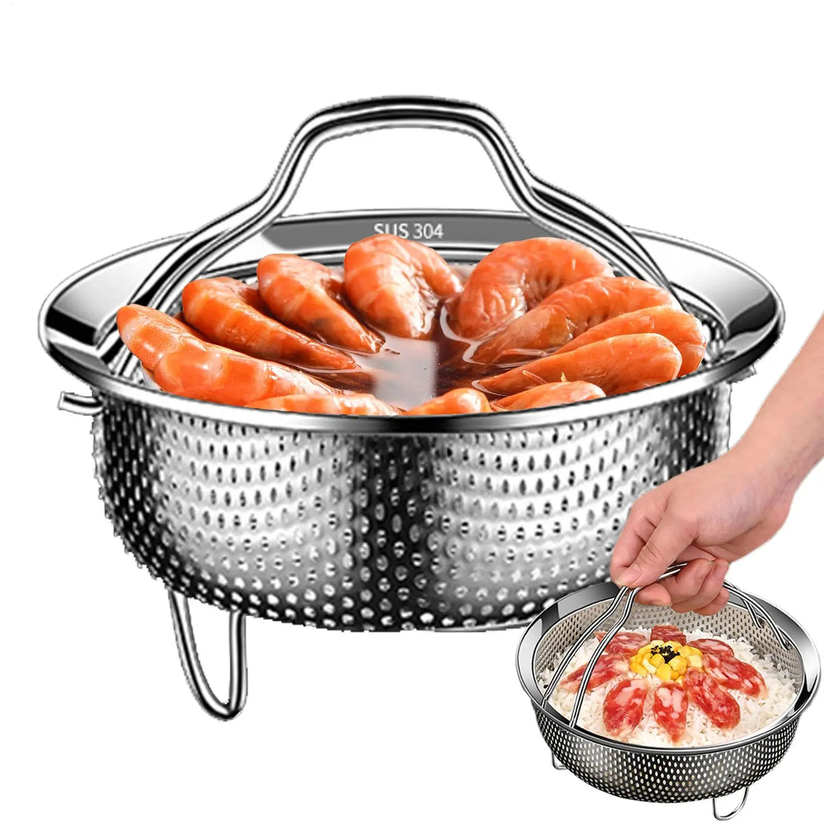 304 Stainless Steel Steamer Basket with Handle | 3 Sizes Steamer Basket QXL