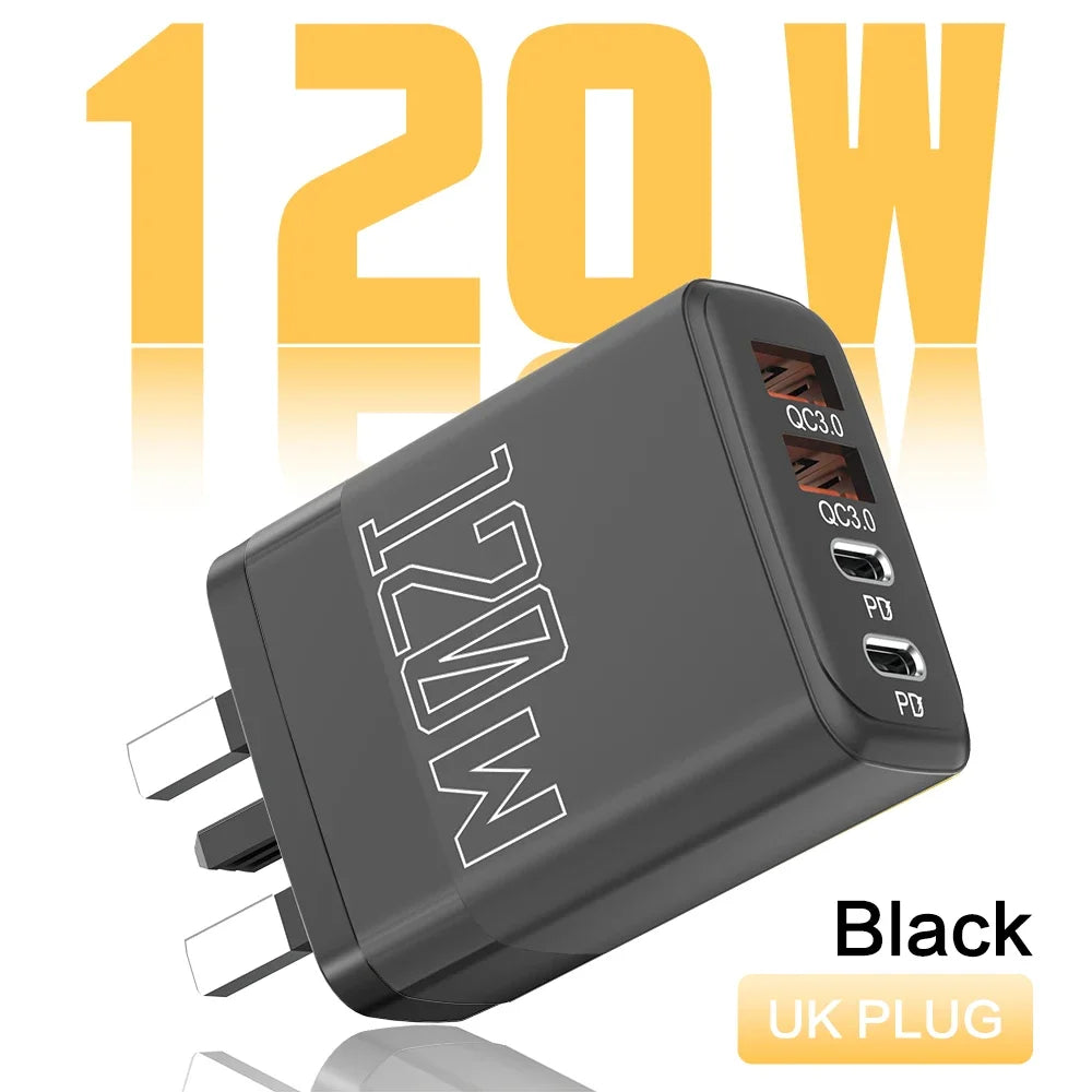 120W 4-Port USB-C PD & QC3.0 Fast Wall Charger Adapter Multi-Port Wall Charger QXL UK Black
