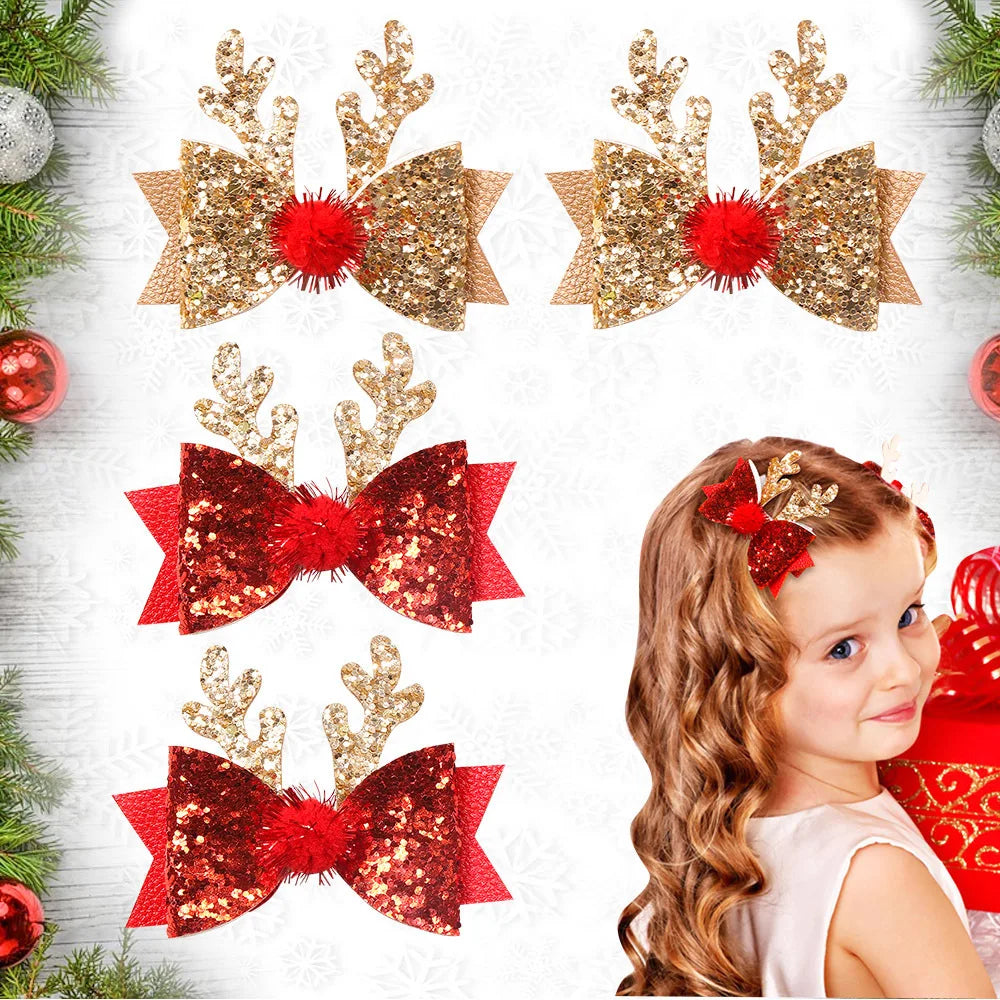 Girls Sequin Bow & Antler Hair Clips | Christmas Party Set Kids Hair Clips QXL