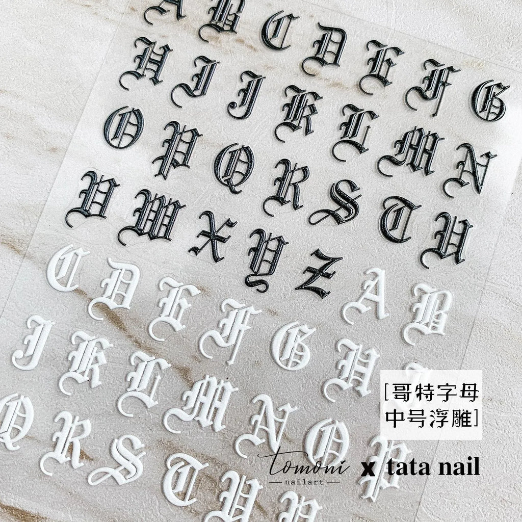 Gothic 5D Embossed Letter Nail Stickers | Self-Adhesive Decals Nail Art Stickers QXL