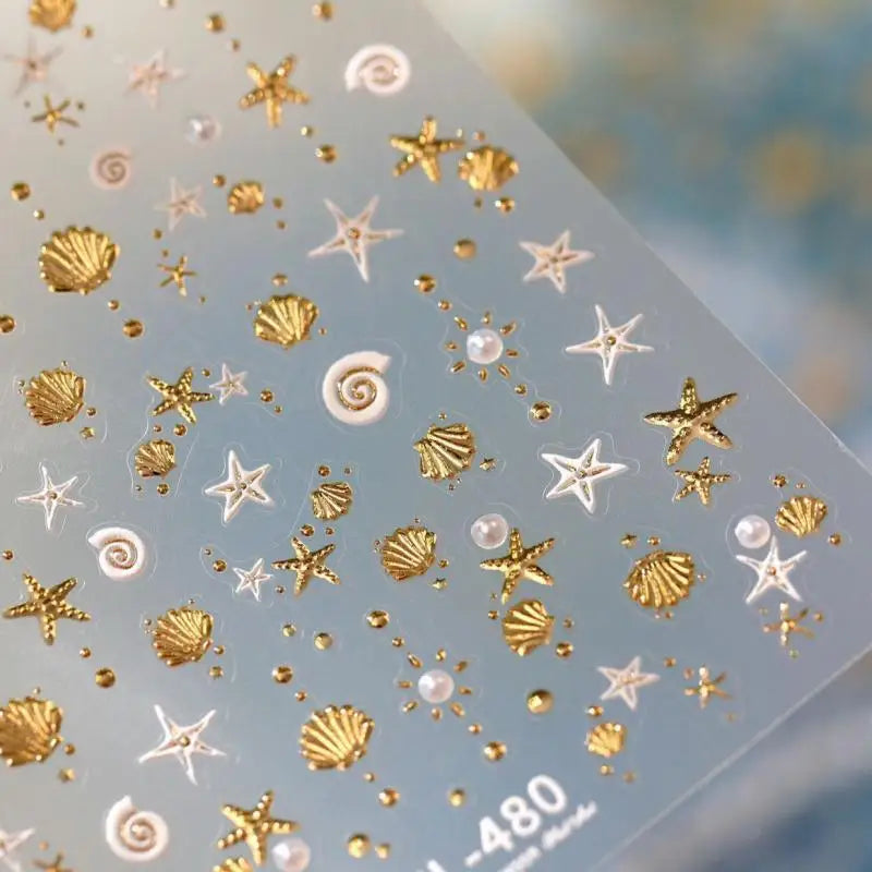 3D Gold Ocean Nail Stickers | Shell Starfish Self-Adhesive Nail Art Stickers QXL