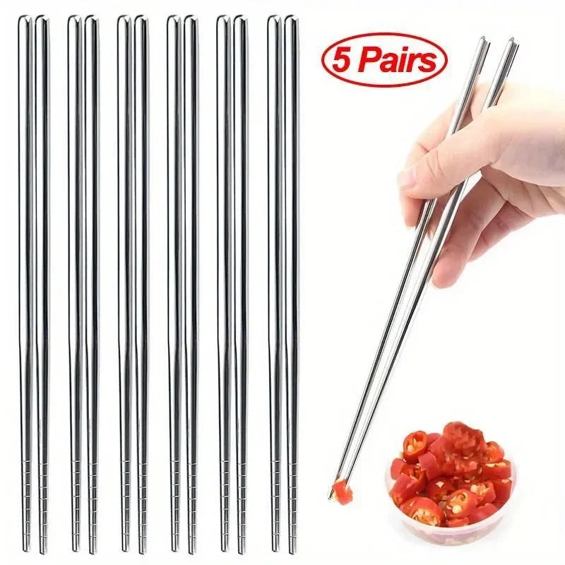 5-Pair Stainless Steel Non-Slip Chopsticks | Sushi & Asian Set Chopstick Set QXL Silver 5pairs