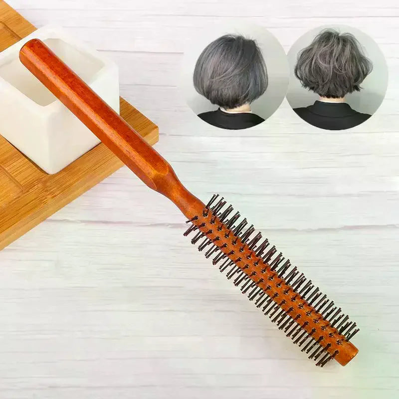 Wooden Round Barrel Roller Comb | Nylon Bristle Hair Styling Round Barrel Roller Comb QXL