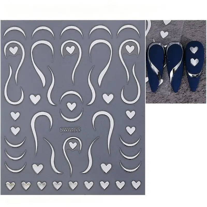 3D Gold French Lines & Heart Nail Stickers | DIY Nail Decals Nail Art Stickers QXL Silver
