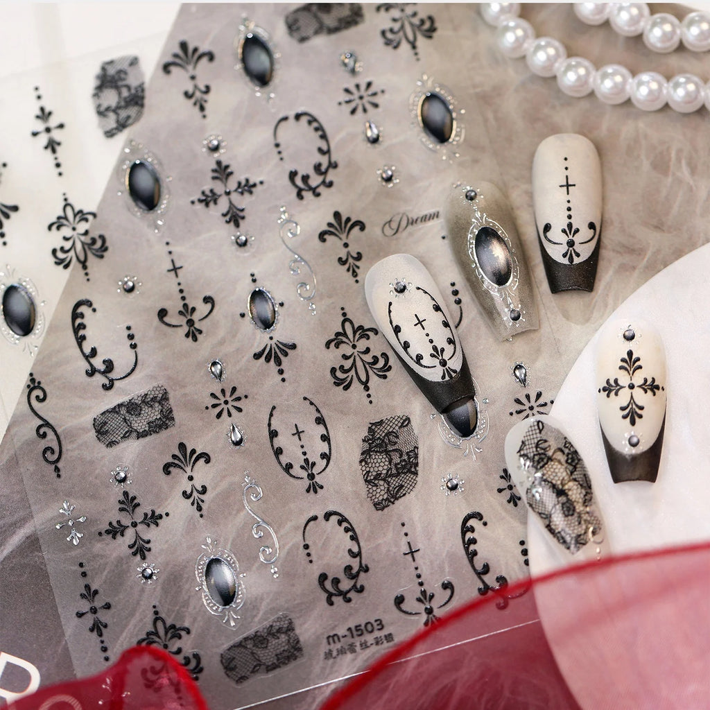 Vintage Black Lace Gem 5D Nail Stickers | Self-Adhesive Decals Nail Art Stickers QXL