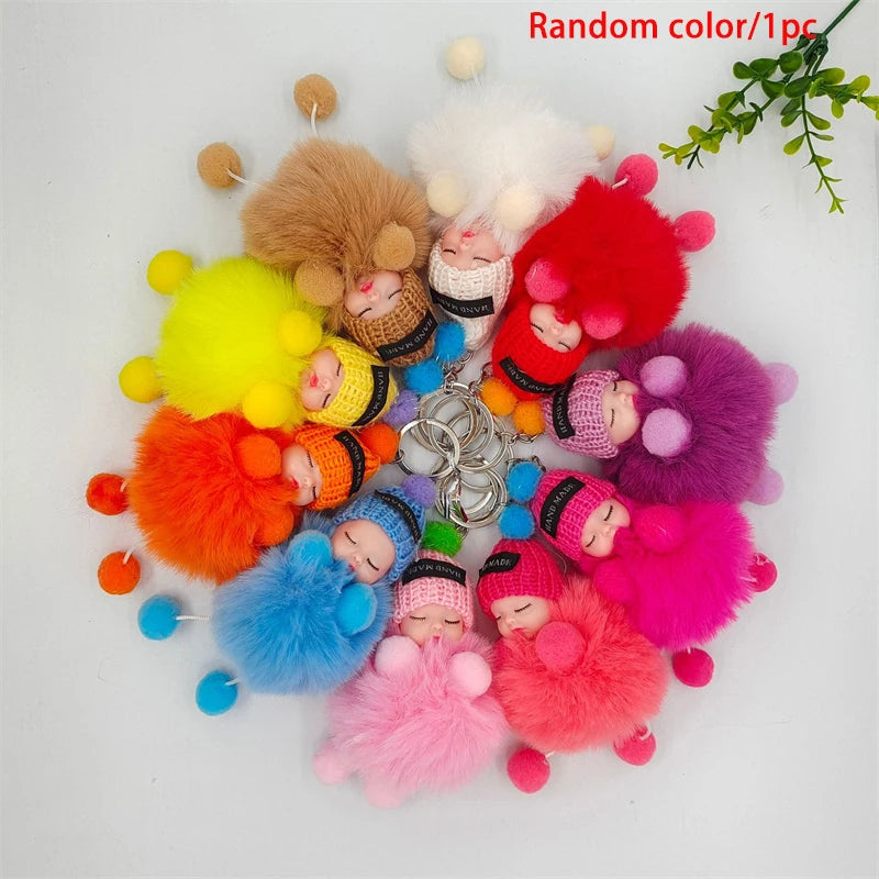 Pompom Sleeping Baby Plush Doll Keychain & Bag Charm | Cute Gift Plush Keychain Charm QXL