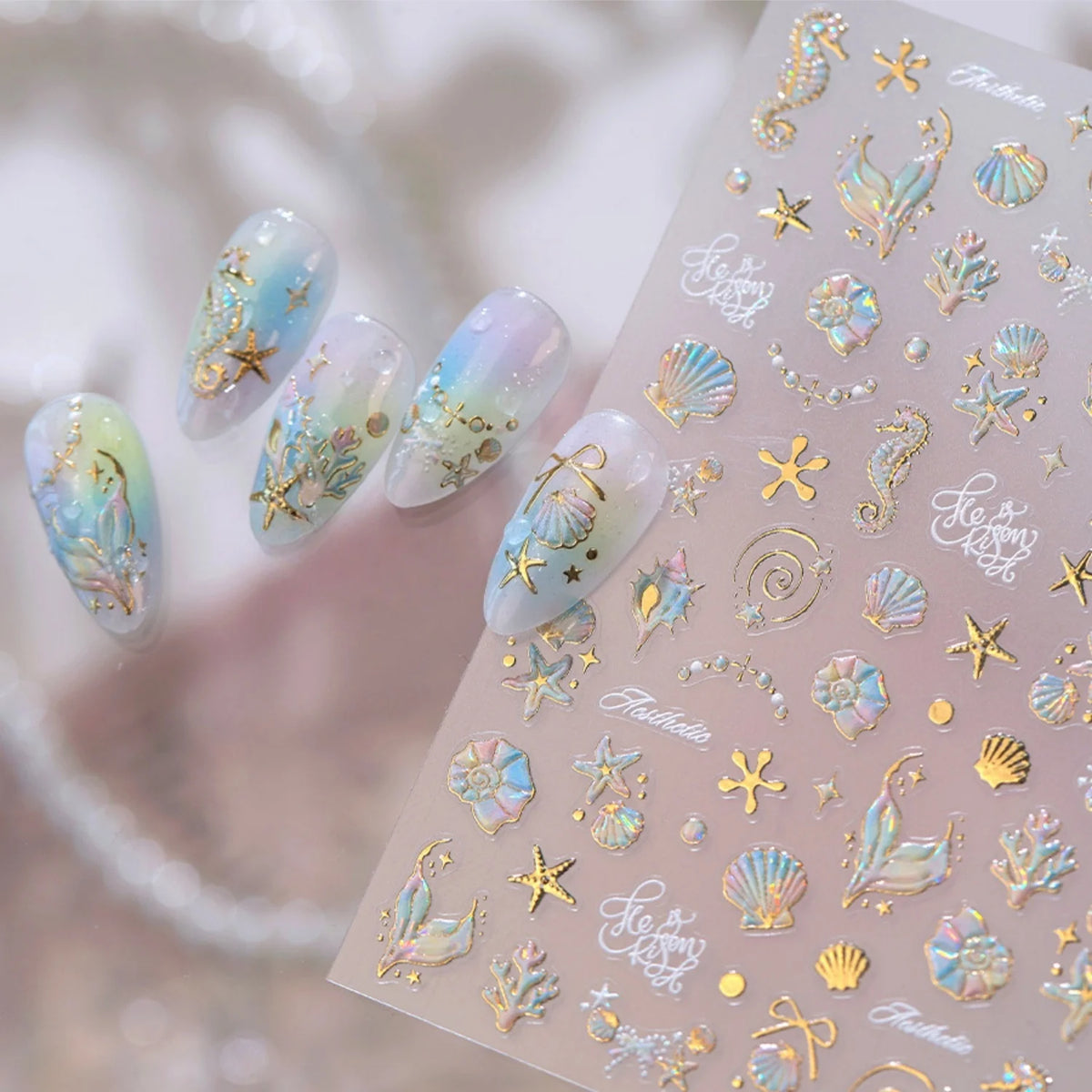 5D Golden Marine Nail Stickers – Seahorse Shell Starfish Decals Nail Art Stickers QXL