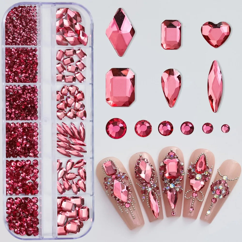 12-Grid 3D Nail Rhinestones | Teardrop & Heart Charms Set Nail Art Rhinestones QXL Dark Pink