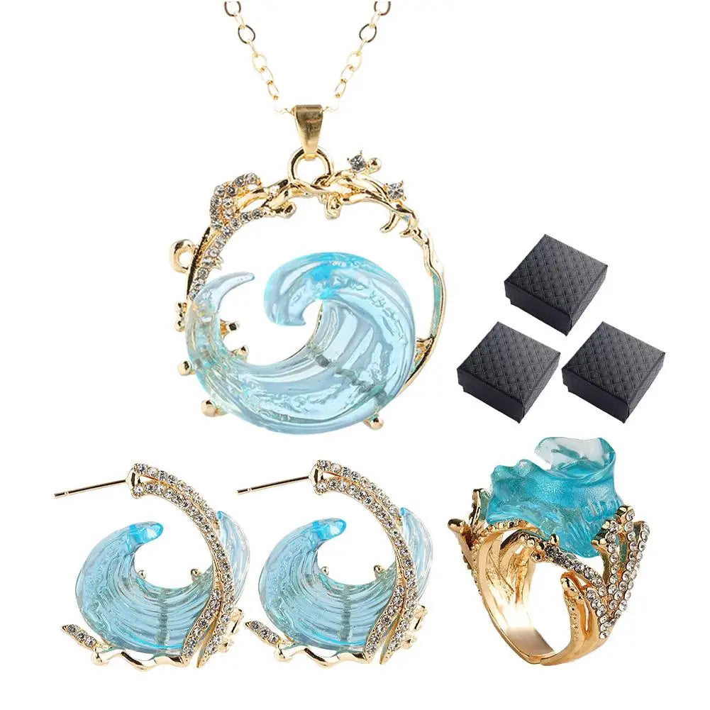 Ocean Wave Jewelry Set – Necklace, Earrings & Ring for Women Jewelry Set QXL