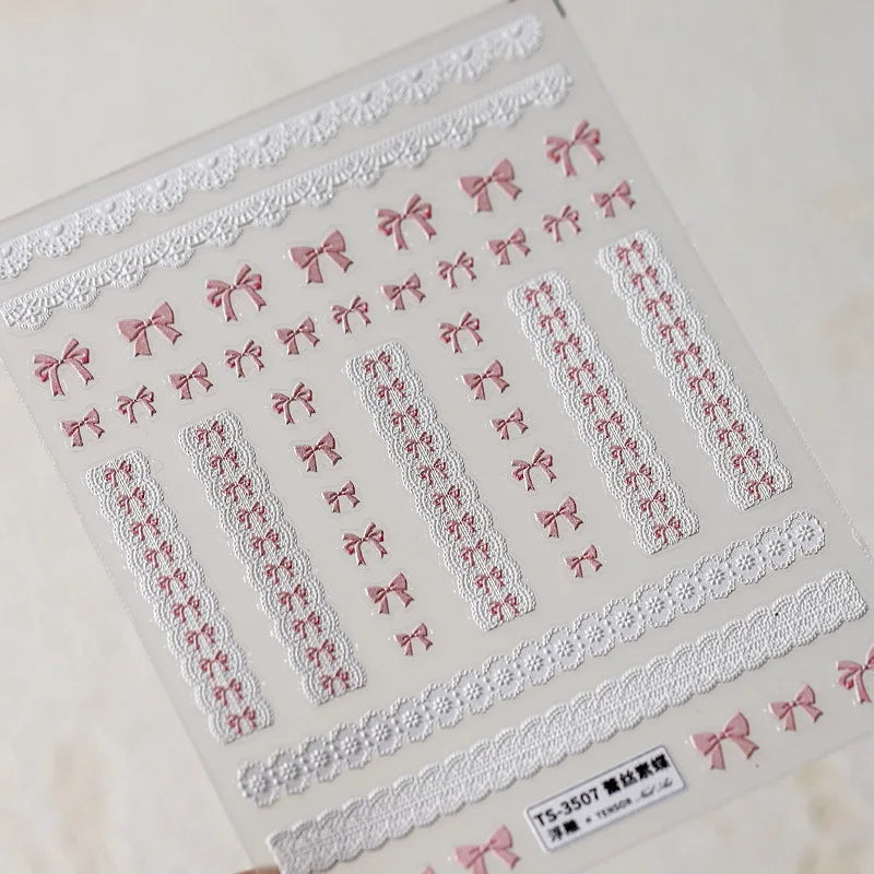 3D Kawaii Nail Stickers – Pink Bowknot & Black Lace Decals Nail Art Stickers QXL 1PCs TS-3507
