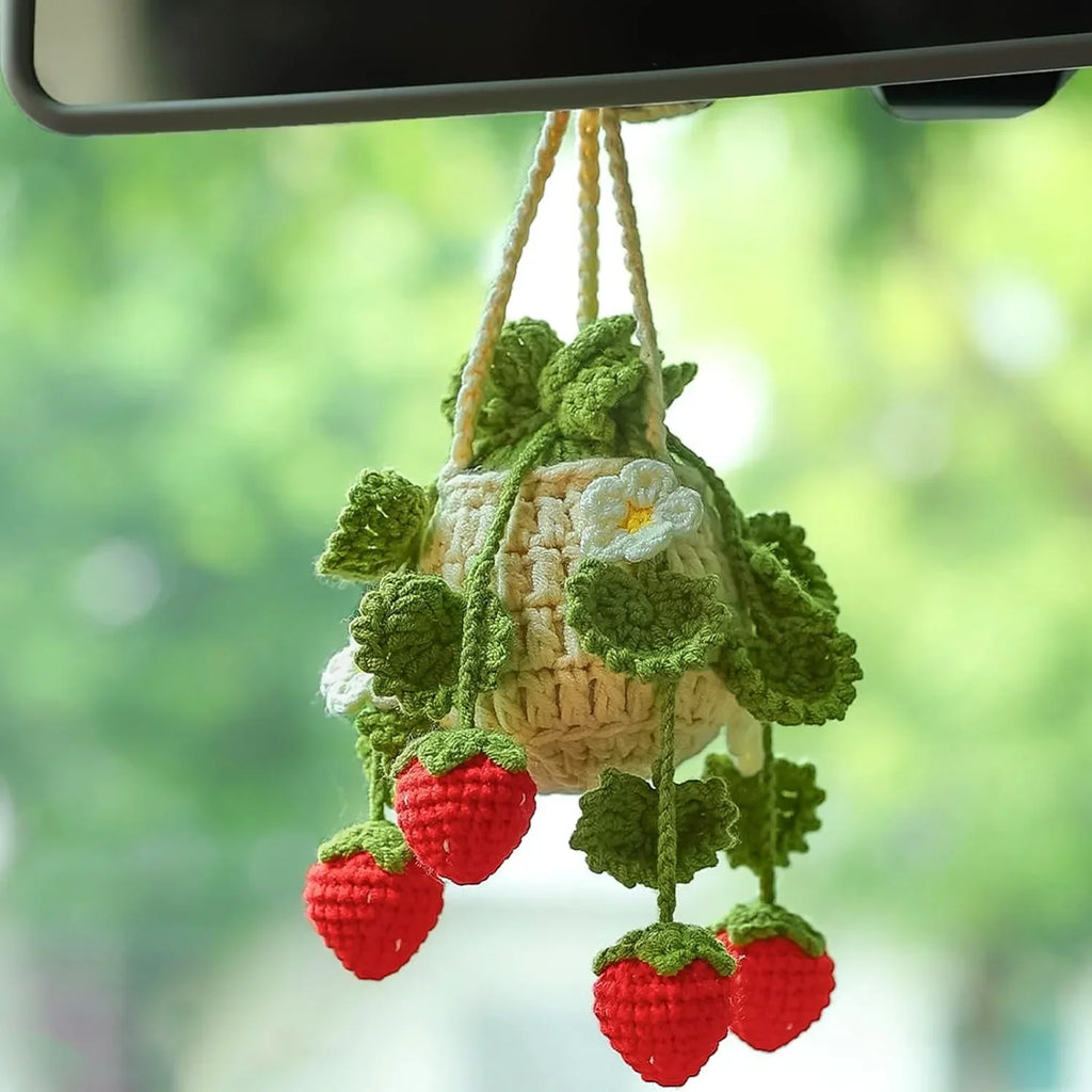 Knitted Strawberry Plant Basket Car Mirror Charm Ornament Car Mirror Charm QXL Dark Green Leaves