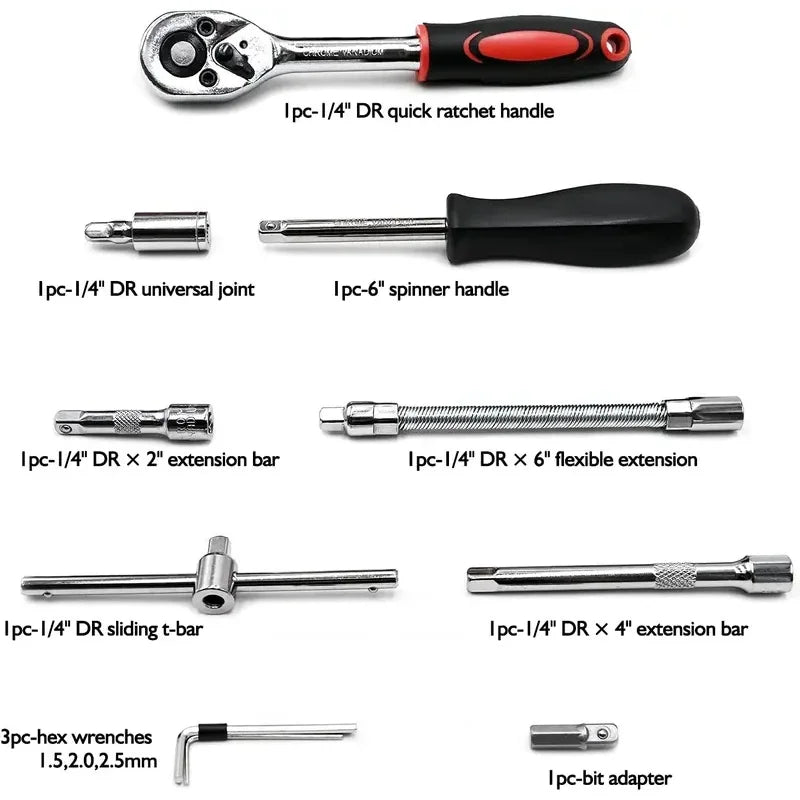 46-Piece 1/4" Drive Socket Ratchet Wrench Set | Metric & Bit Socket Wrench Set QXL
