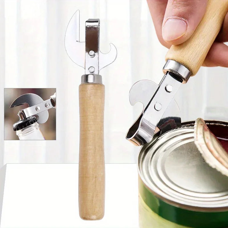 3-in-1 Stainless Steel Can & Bottle Opener | Wood Handle Can & Bottle Opener QXL