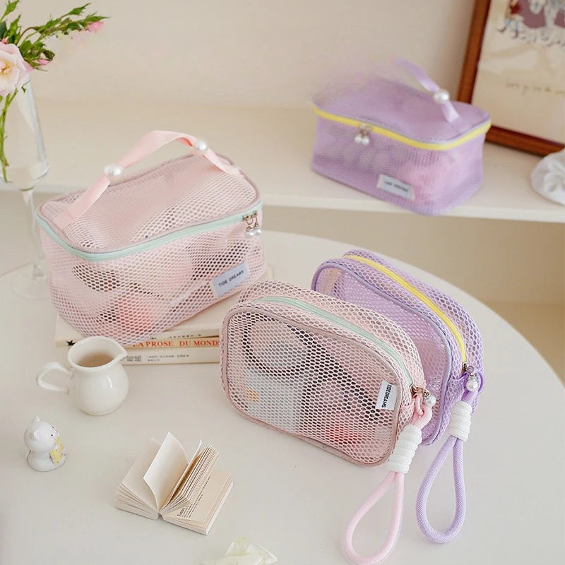 Pearl Mesh Cosmetic Bag | Travel Makeup Organizer Zipper Pouch Cosmetic Bag QXL