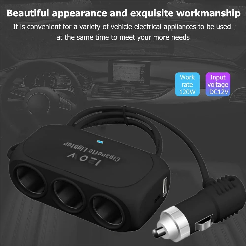 120W Car Cigarette Lighter Splitter 3-Socket USB-C Fast Charger Car Charger Splitter QXL