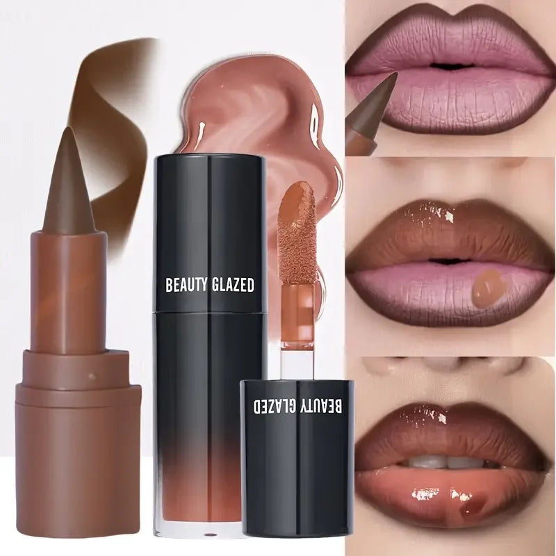 Beauty Glazed Glitter Lip Gloss & Brown Liner Combo | 2pc Set Lip Gloss & Liner Set QXL