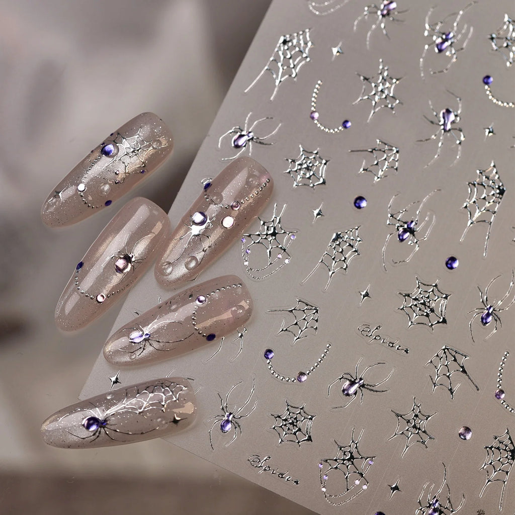 5D Spider Web Rhinestone Nail Stickers | Cobweb Moon Star Nail Art Stickers QXL