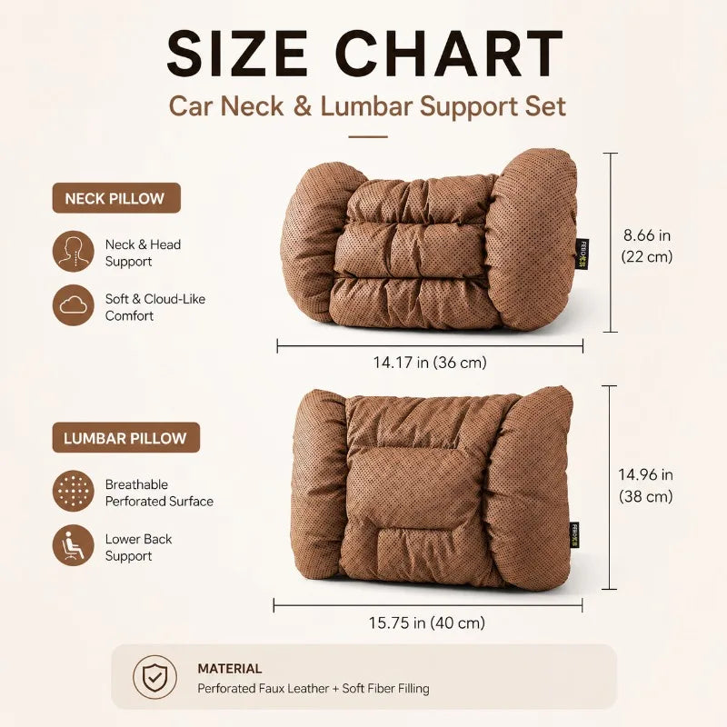 Car Neck & Lumbar Pillow Set | Breathable Faux Leather Cushions Car Seat Pillow Set QXL