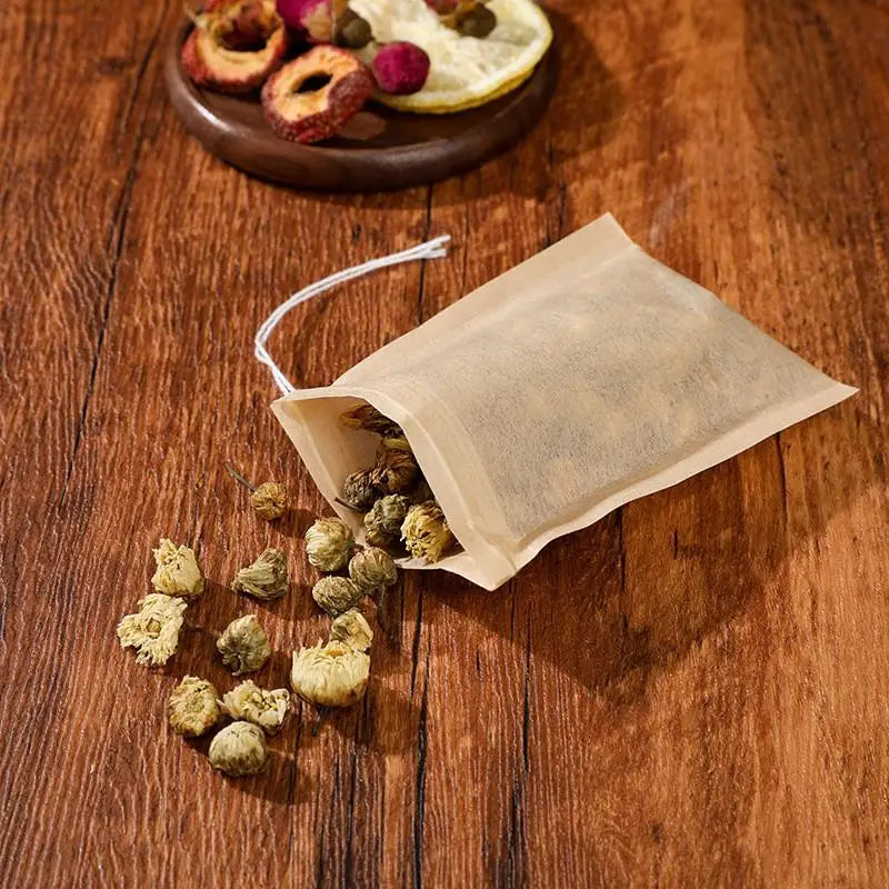 100-Pack Drawstring Tea Filter Bags | Unbleached Eco Wood Pulp Tea Filter Bags QXL