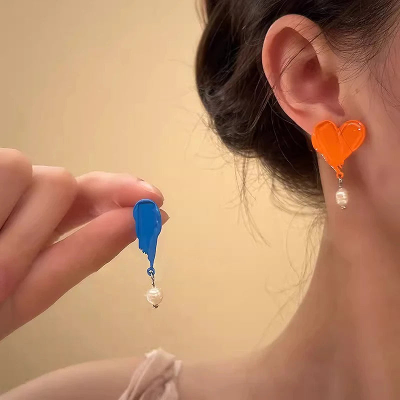 French Retro Asymmetrical Pearl Drop Earrings | Oil Painting Pearl Drop Earrings QXL