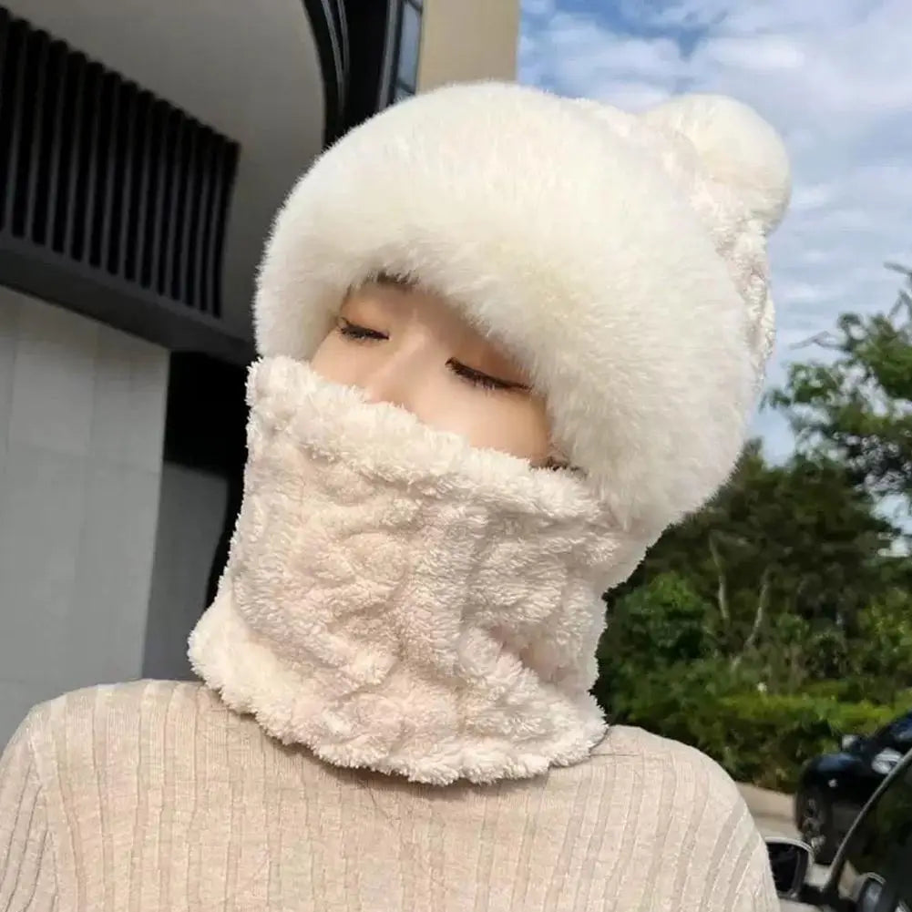 Women's Plush Hooded Winter Beanie | Windproof Fleece Hat Hooded Winter Beanie QXL