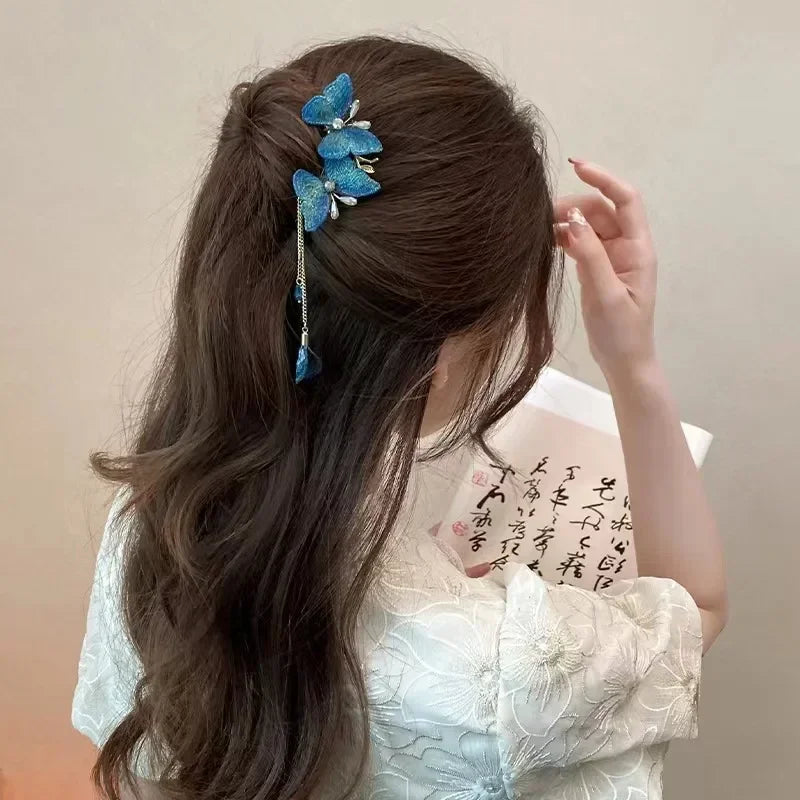Retro Fringe Fan Hair Comb | Blue & Red Wedding Hairpin Decorative Hair Comb QXL
