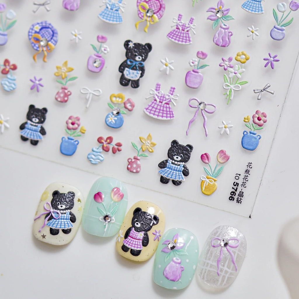 5D Black Bear Nail Art Stickers – Spring Tulip Garden Decals Nail Art Stickers QXL