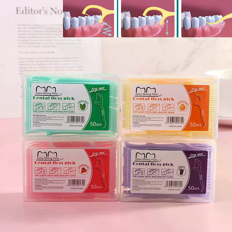 50-Pack Fruit-Flavored Dental Floss Picks | Portable Box Dental Floss Picks QXL
