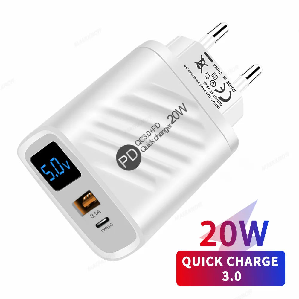 20W USB-C PD Fast Charger with Digital Display | QC 3.0 USB Wall Charger QXL
