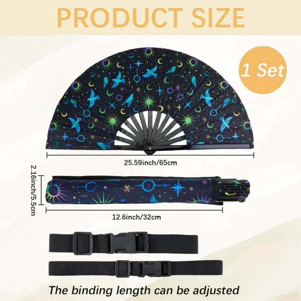 12.99" UV Glow Bamboo Folding Fan with Bag & Belt | Rave Dance Decorative Folding Fan QXL