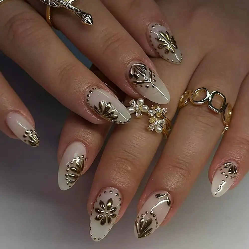Gold Flower French False Nails | Sun Moon Full Cover Tips 24/30-Pc Press-On False Nails QXL