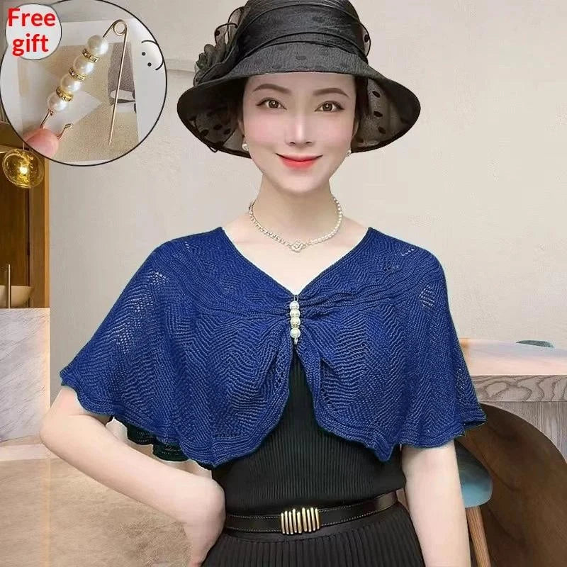 Women's Open-Knit Shawl Wrap with Pearl Brooch | One Size Knit Shawl Wrap QXL Blue