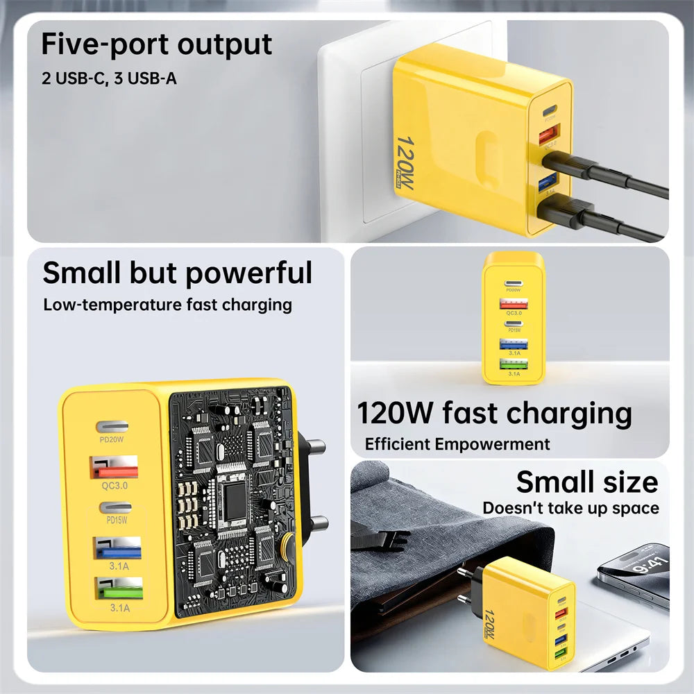 120W 5-Port USB-C Fast Charger PD Quick Charge 3.0 Wall Plug USB-C Wall Charger QXL