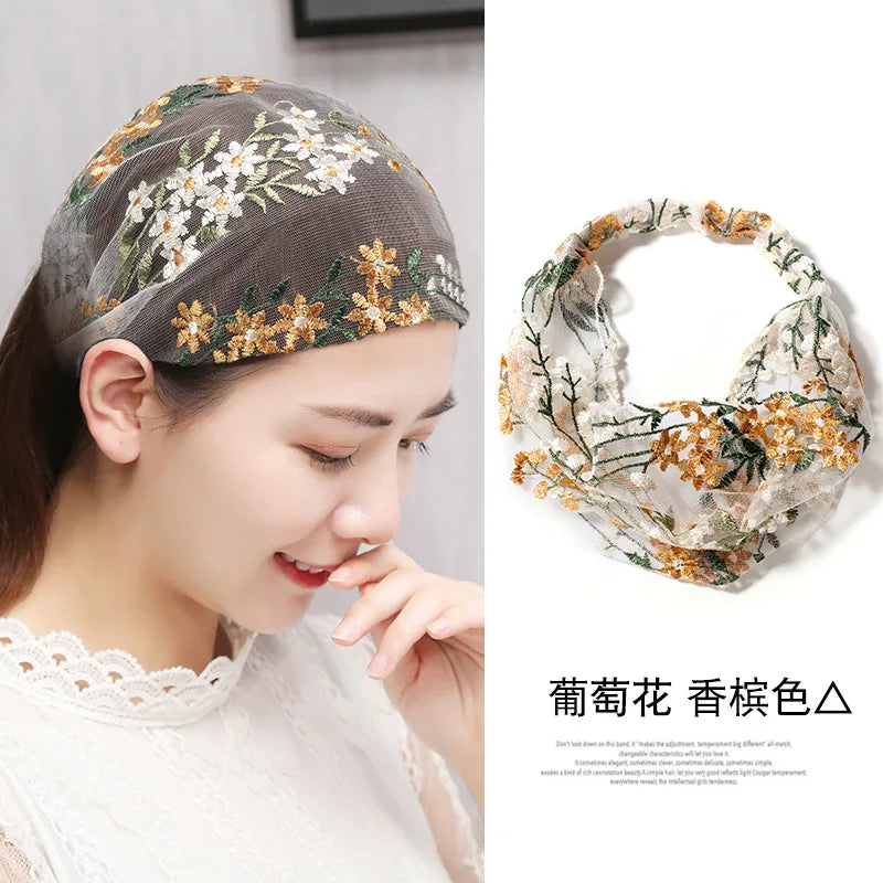Embroidered Floral Mesh Headband | Elegant Turban Style Floral Mesh Headband QXL