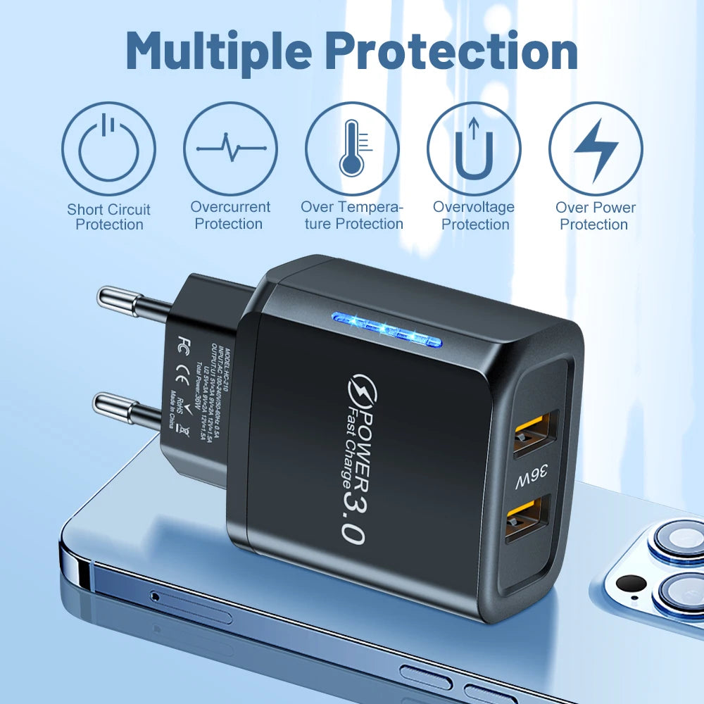 36W Dual USB Fast Wall Charger | Universal Travel Adapter USB Wall Charger QXL