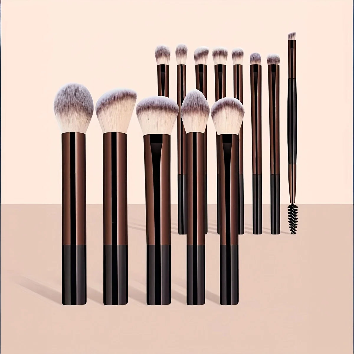 13-Pc Soft Makeup Brush Set | Aluminum Ferrule & Wool Fiber Makeup Brush Set QXL Coffee Brown