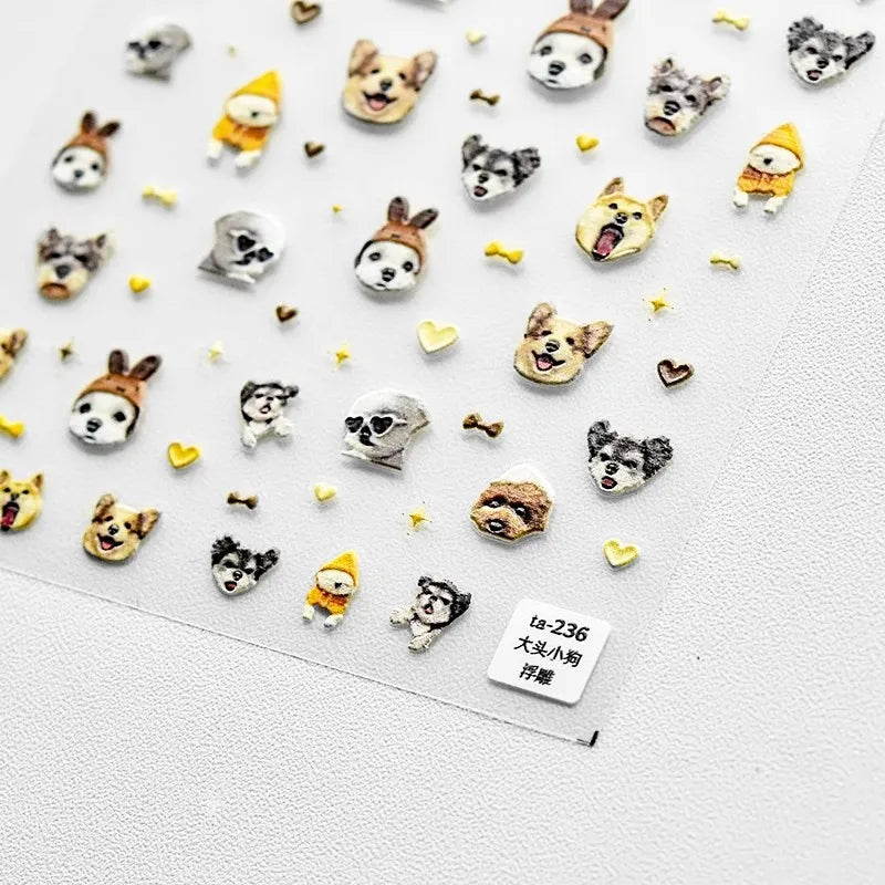 5D Kawaii Cat & Dog Nail Stickers | Embossed DIY Decals Nail Art Stickers QXL