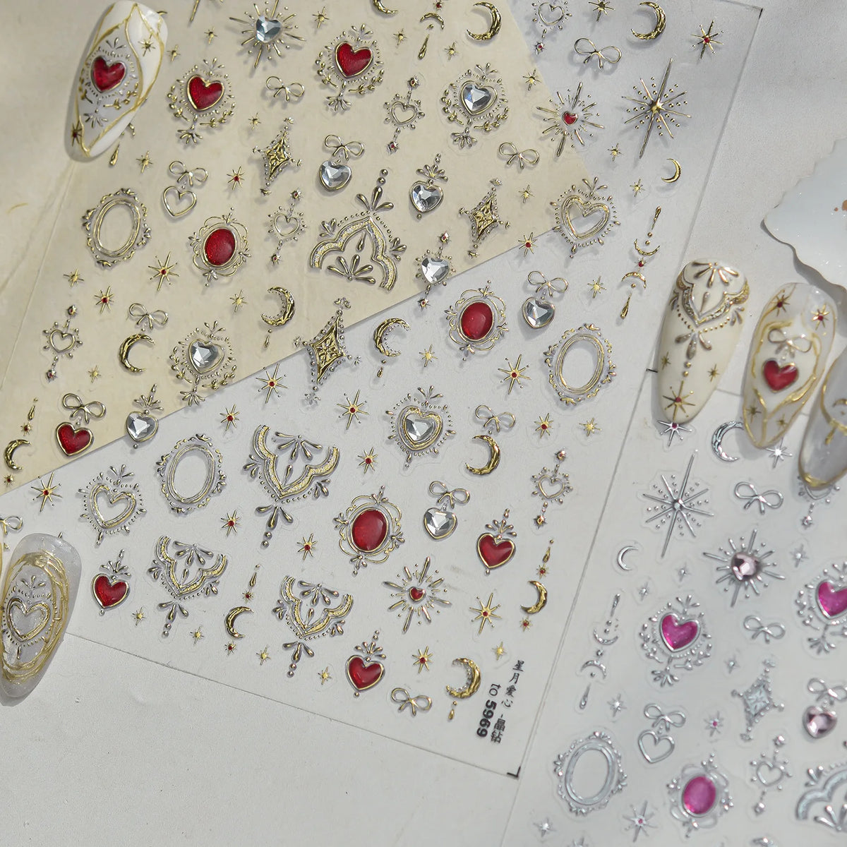 5D Nail Stickers – Moon Star Heart Gem Vintage Bow Decals 5D Nail Stickers QXL