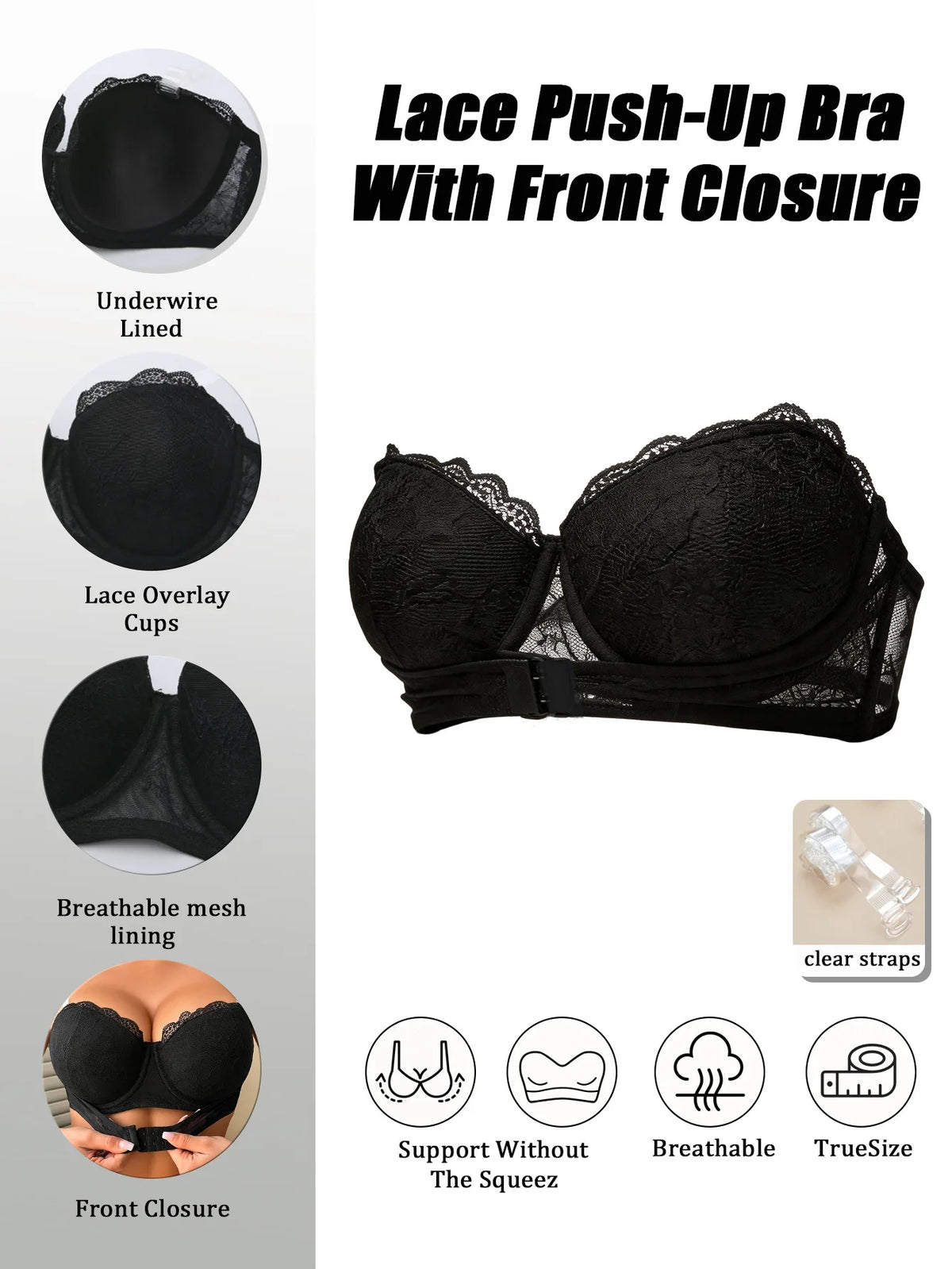 Women's Strapless Push-Up Bra | Front Closure Lace Underwire Strapless Push-Up Bra QXL