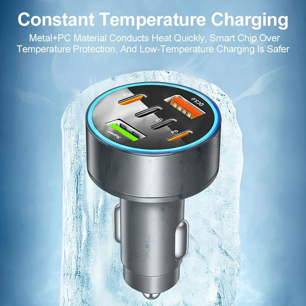 6-in-1 Car Charger Dual USB & PD Type-C Fast Charging Car Charger Adapter QXL