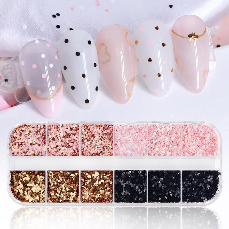 12-Grid Holographic Nail Glitter Sequins – Star Heart Round Flakes Nail Art Sequins QXL