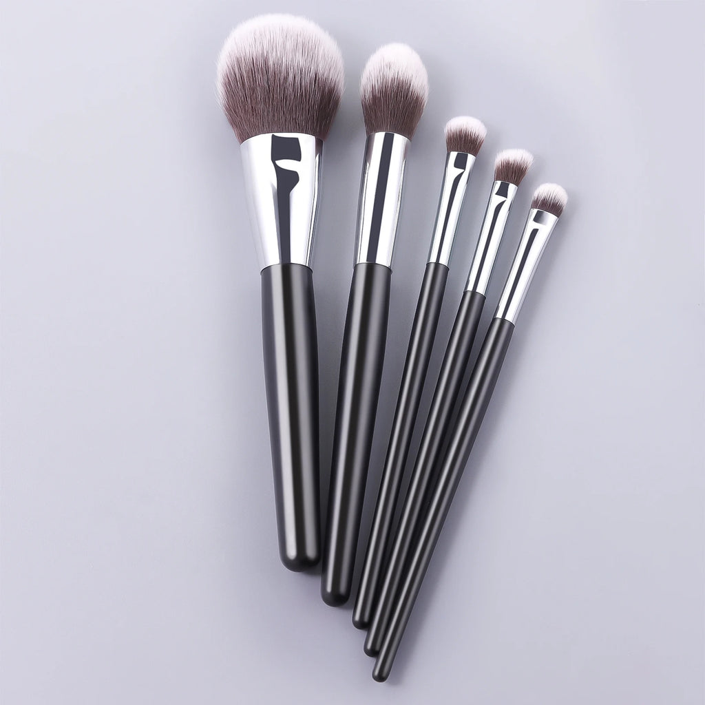 5-Piece Black & Silver Makeup Brush Set | Face & Eye Brushes Makeup Brush Set QXL
