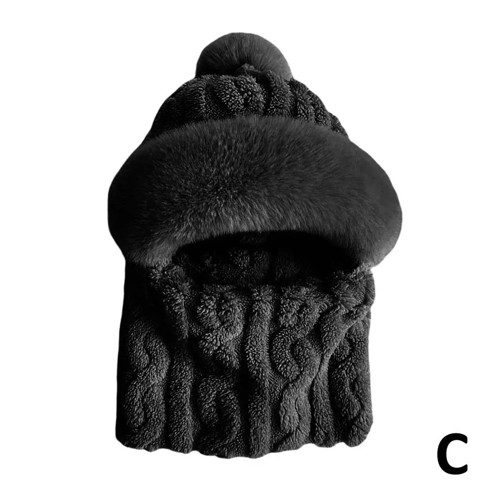 Women's Plush Hooded Winter Beanie | Windproof Fleece Hat Hooded Winter Beanie QXL Black