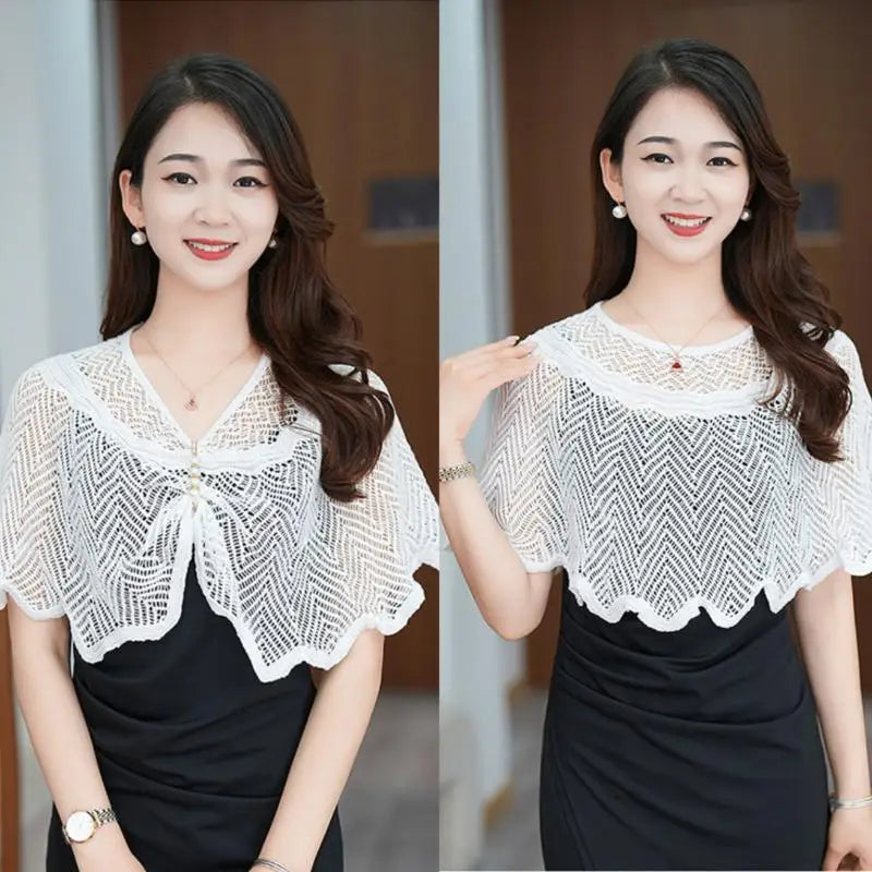 Women's Open-Knit Shawl with Pearl Brooch | Lightweight Wrap Knit Shawl Wrap QXL