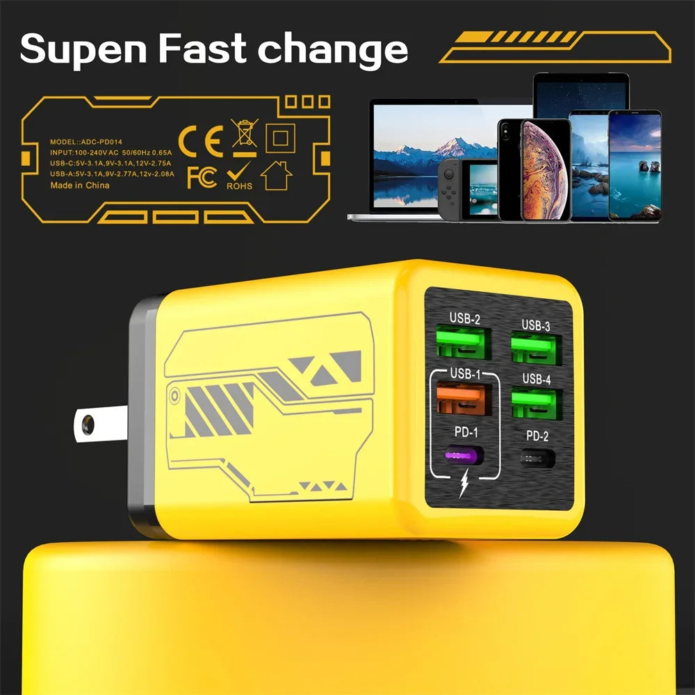 240W 6-Port USB Fast Charger | 4A 2C PD Quick Charge 3.0 Multi-Port USB Charger QXL